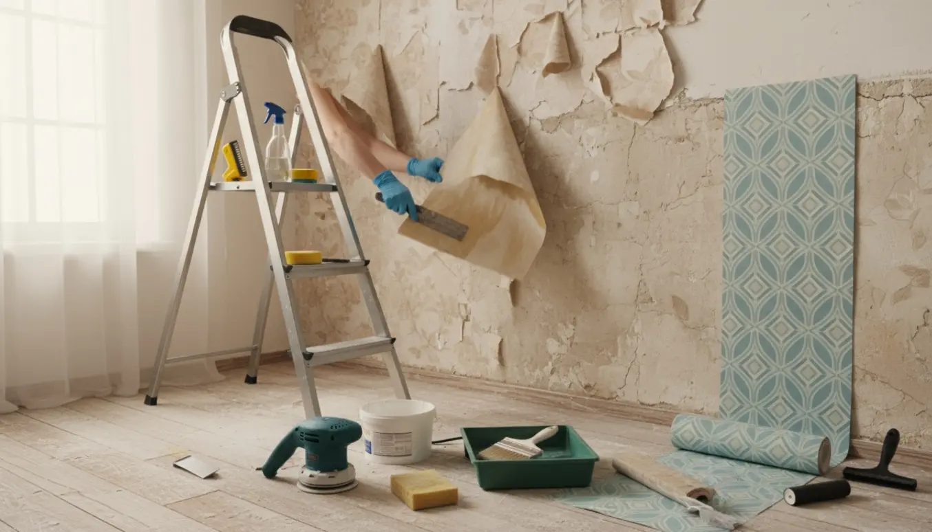 Glimt af vægbehandling med gammel tapet fjernet, spartel, slibeværktøj og nyt tapet påsat i et lyst rum.
