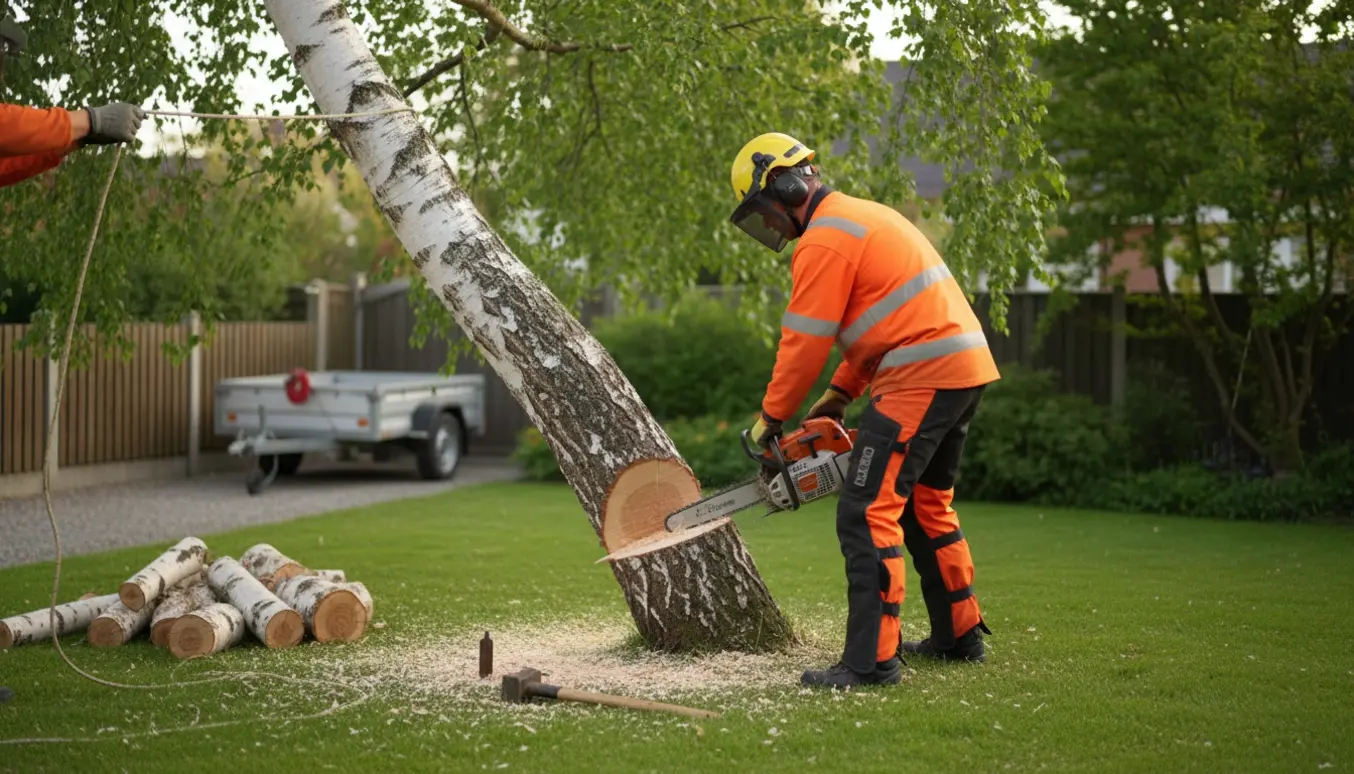 Arbejder i sikkerhedsudstyr fælder en birk i en have med stammer og savsmuld omkring.
