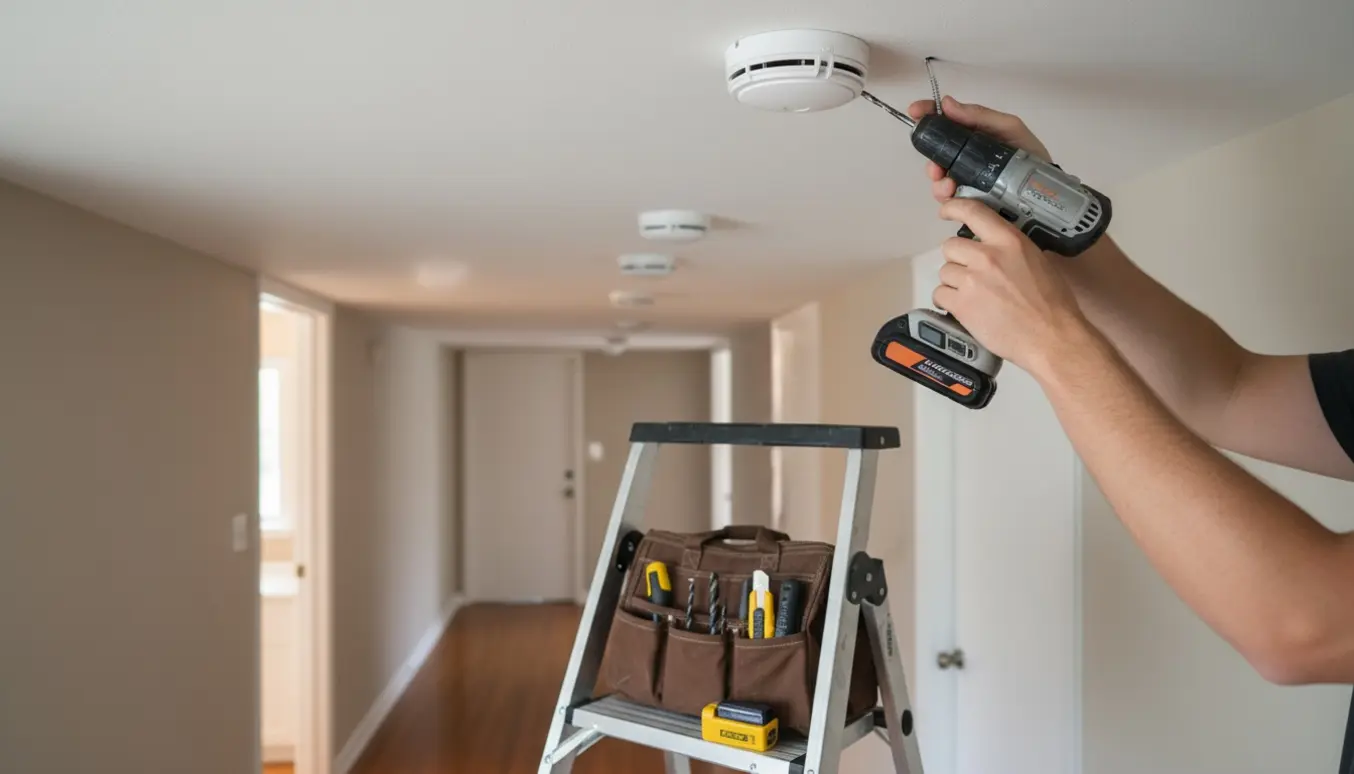 Installatør monterer batteridrevne røgalarme i opgang med skruemaskine og stige.
