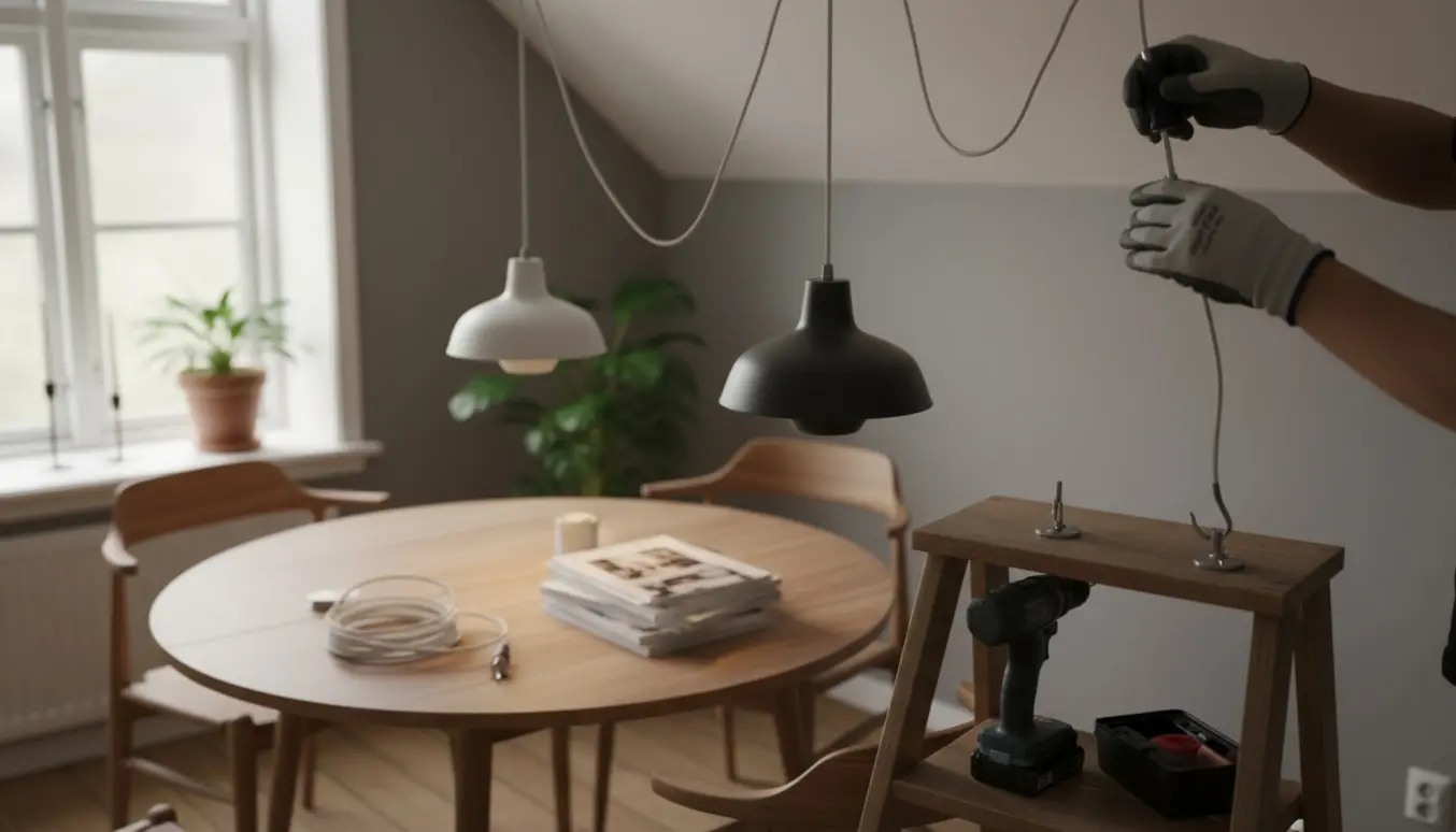 Hænder monterer en pendel lampe i en stue med en lampekrog, værktøj og en stige i baggrunden.