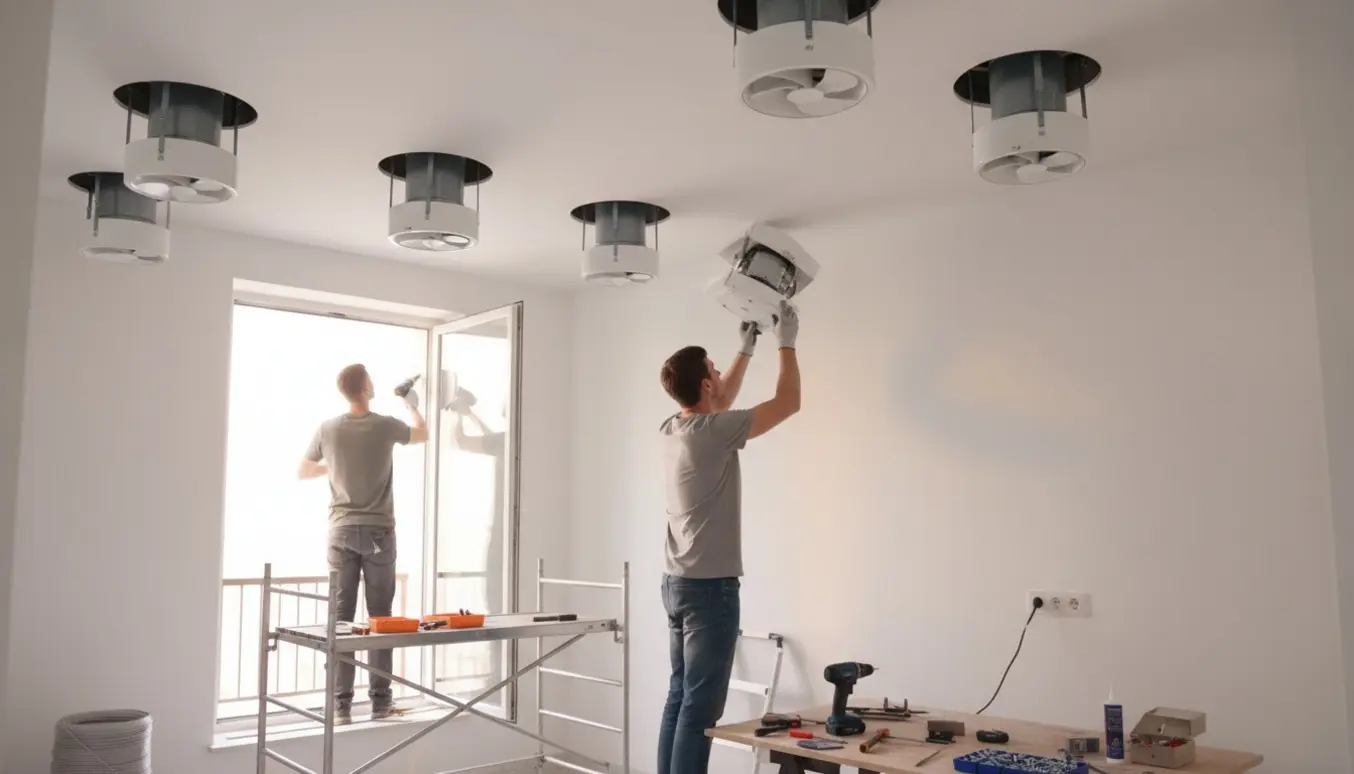 Tekniker monterer og el-tilslutter Ø160 ventilatorer med kanaler og udvendige plastskærme fra en stige.