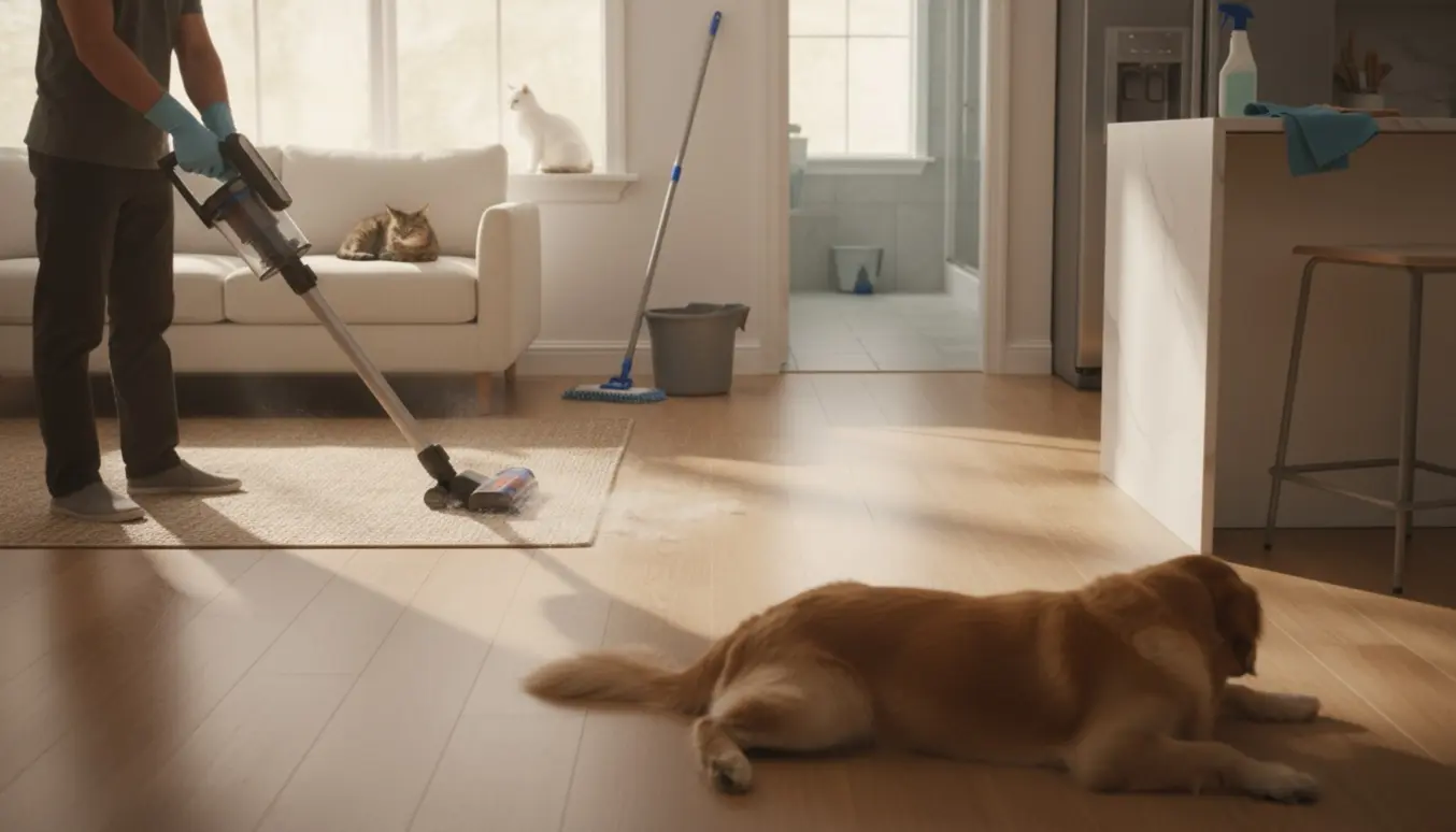 Rengøring af trægulv i et lyst etplanshus med støvsuger, to katte på sofaen og en hund liggende på gulvet.