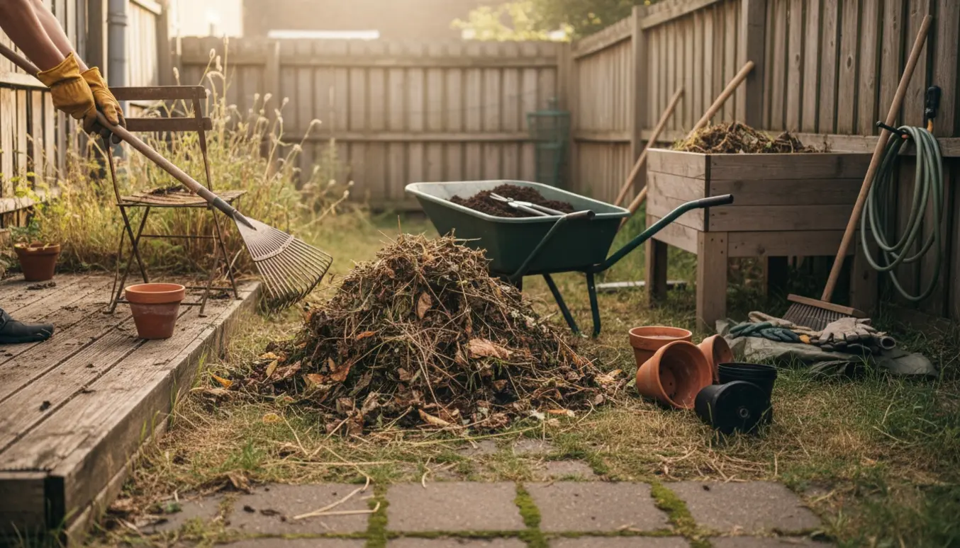 En forsømt lille have under oprydning med rive, trillebør og handsker, uden affaldssække.