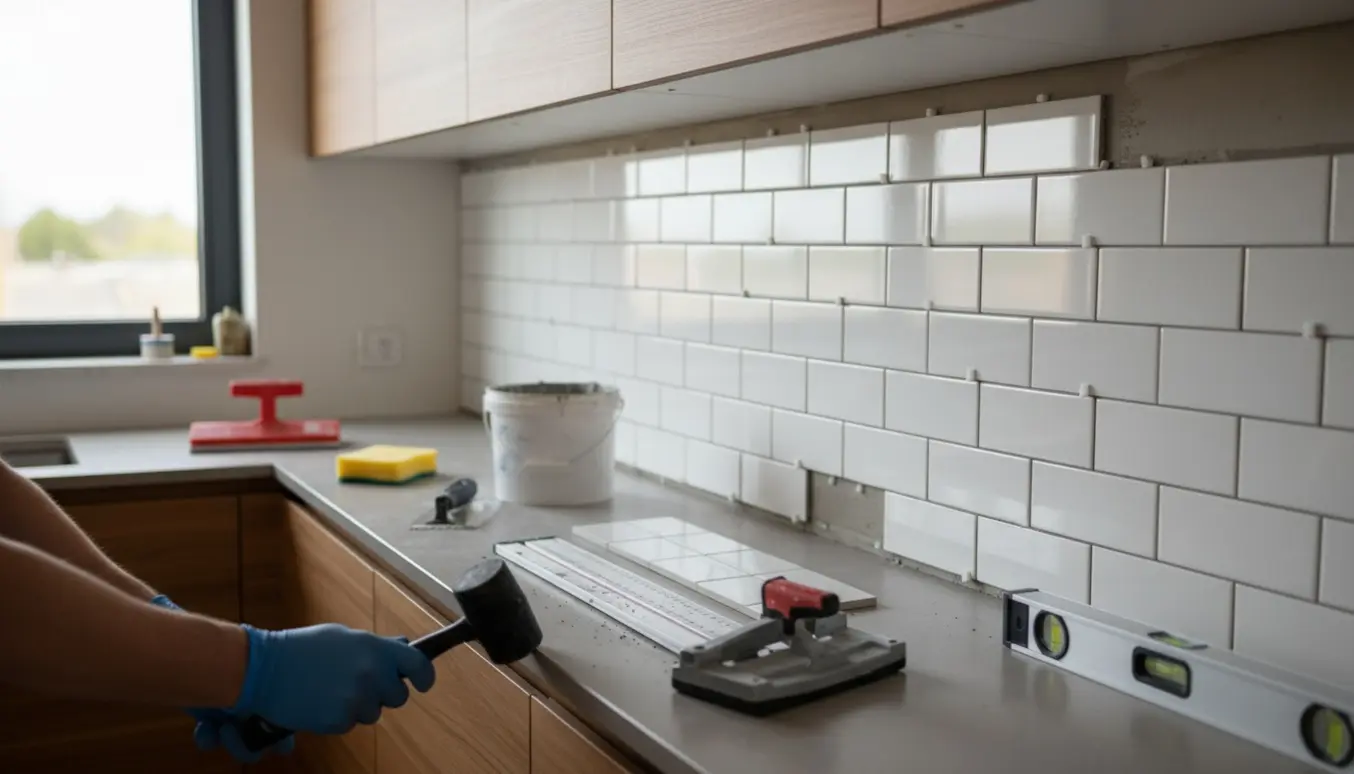 Hænder monterer New Yorker-fliser som bagbeklædning i et køkken med værktøj på bordet.