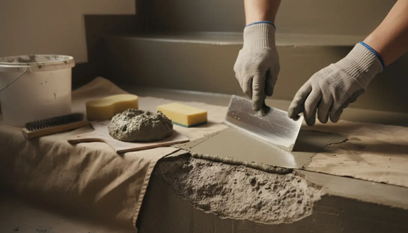 Murer udfylder og filtsker et beskadiget trappetrin med murske og mørtel.