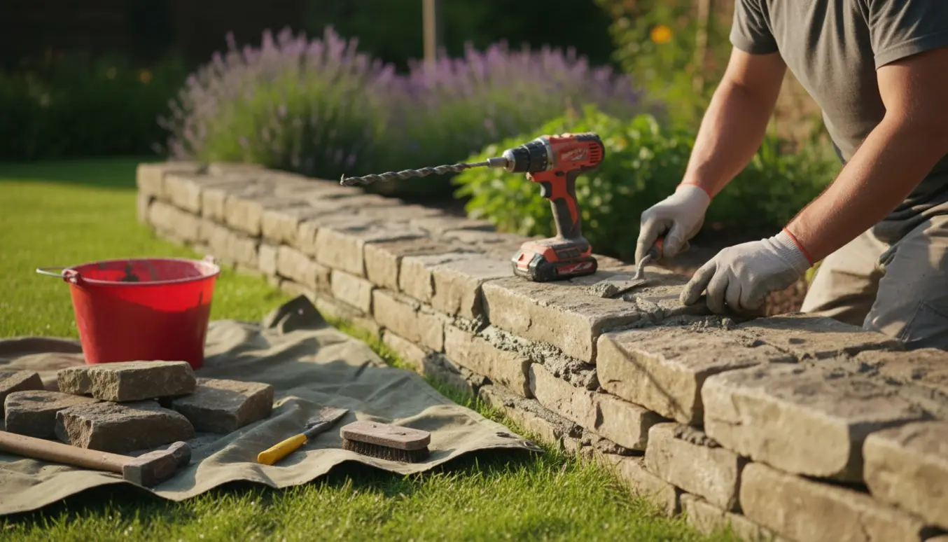 Håndværker repointing en stenlæmur med frisk mørtel og værktøj i en solbeskinnet have.