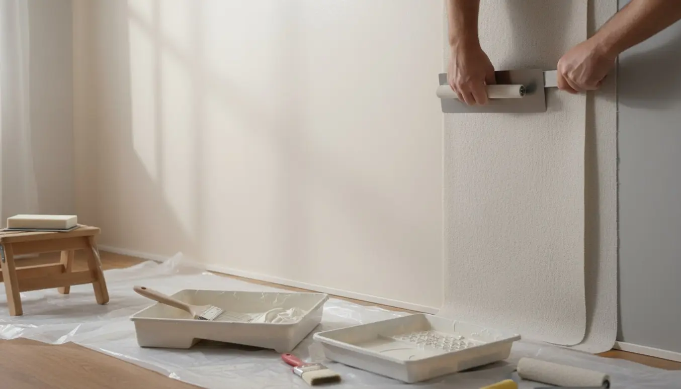 Nærbillede af opsætning af filt og maling i varm off-white med værktøj på beskyttet gulv.