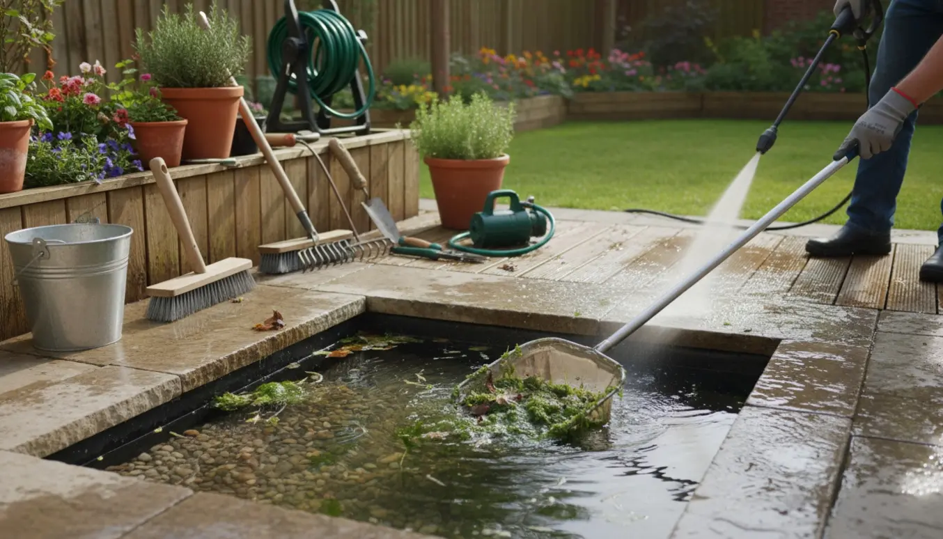 Hænder renser et lille havebassin og skyller terrassen, mens haveredskaber ligger klar.