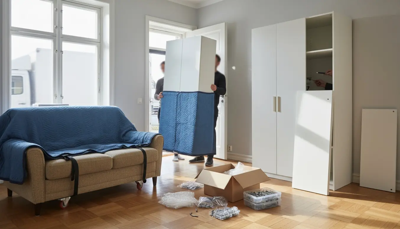 To dobbeltskabe og et enkeltskab bæres og samles i en lejlighed, mens en sofa er pakket klar til storskrald.