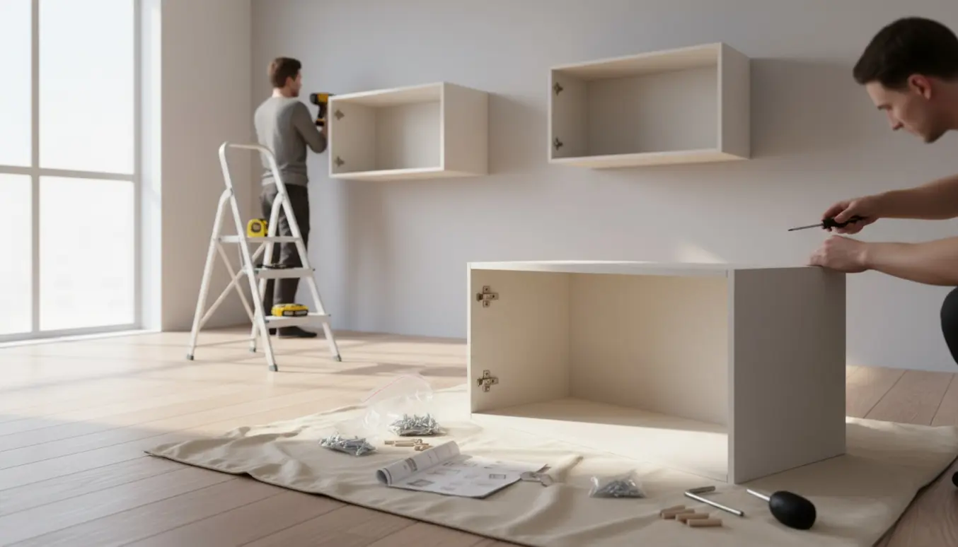 To personer samler og monterer to IKEA-skåb på en lys, minimalistisk væg med værktøj spredt omkring.