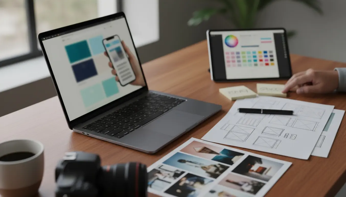 Hænder arbejder med en hjemmeside på en bærbar og smartphone omgivet af skitser, farveprøver og markedsføringsmaterialer.