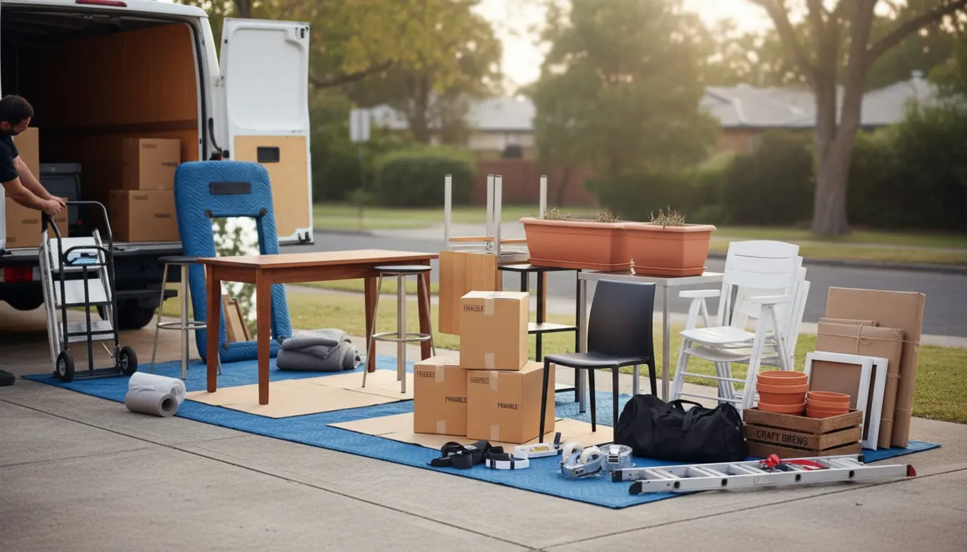 Flytning med varevogn: små møbler og otte flyttekasser lagt klar på tæpper ved indlæsning.