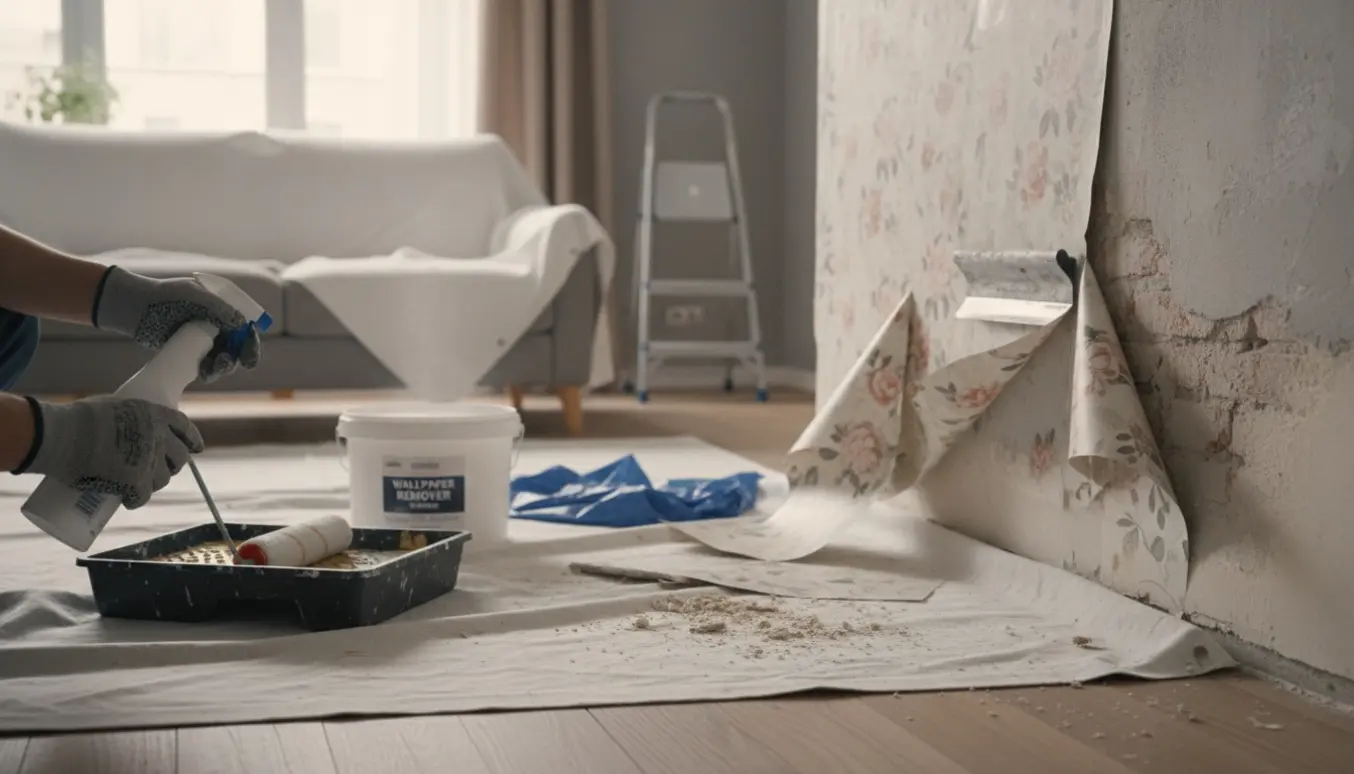 Hænder fjerner gammelt tapet i en lille lejlighed, væg delvist afskallet og klar til maling.