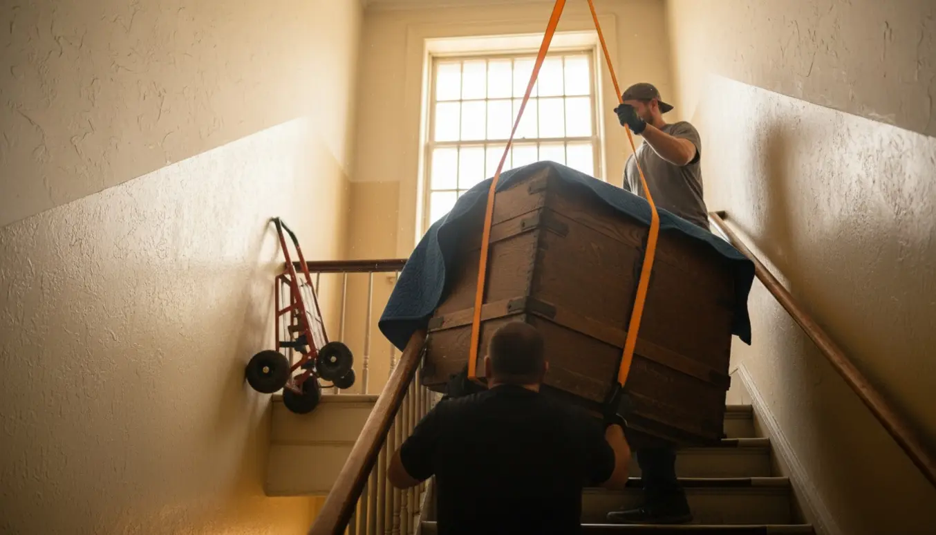 Stor trækiste bæres op ad en smal trappe til øverste etage, to personer set fra ryggen uden synlige ansigter.