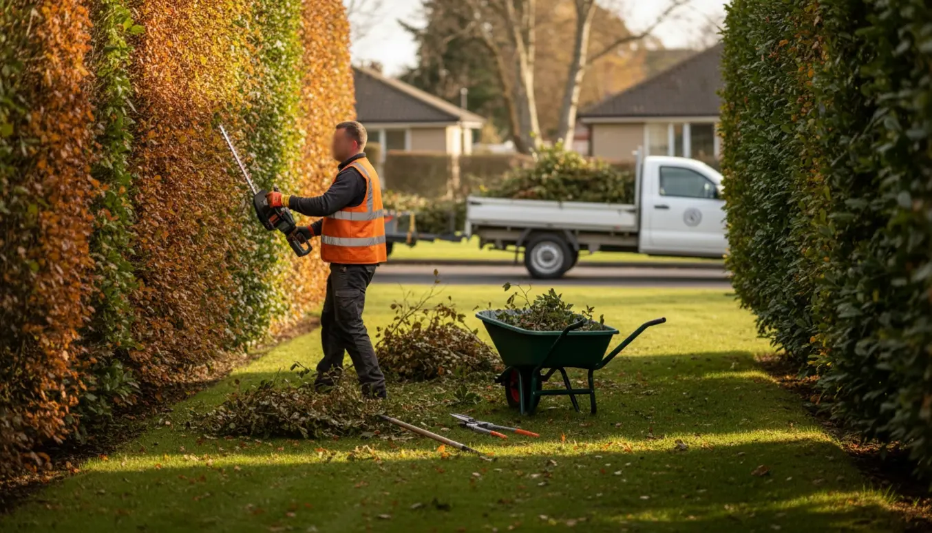 Person set bagfra klipper en bøgehæk med elektrisk hækkeklipper, laurbær til siden og afklip i en trillebør ved en trailer.