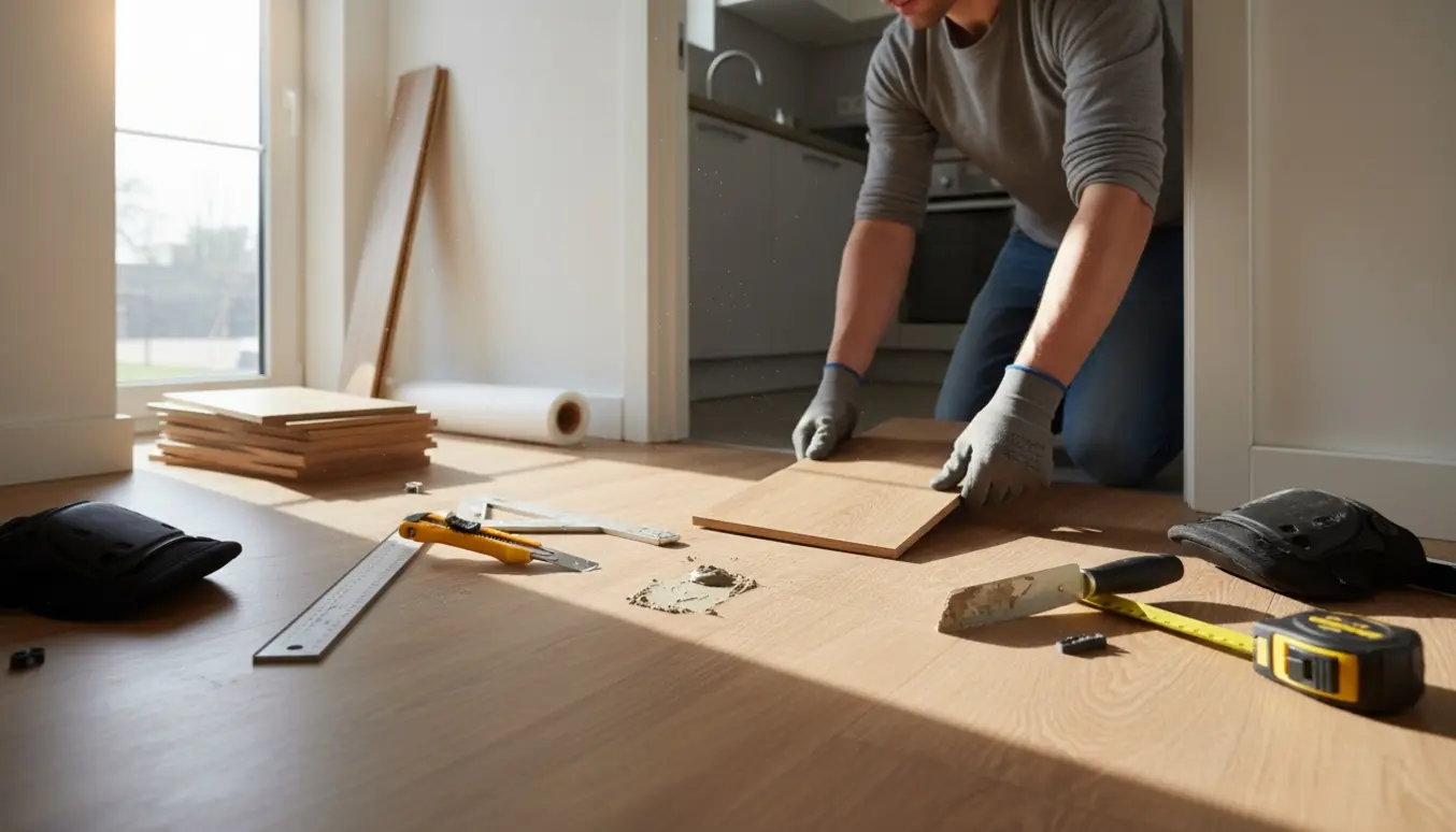 Hænder lægger lyst vinylgulv i et lille køkken med værktøj og fjernede fodpaneler.