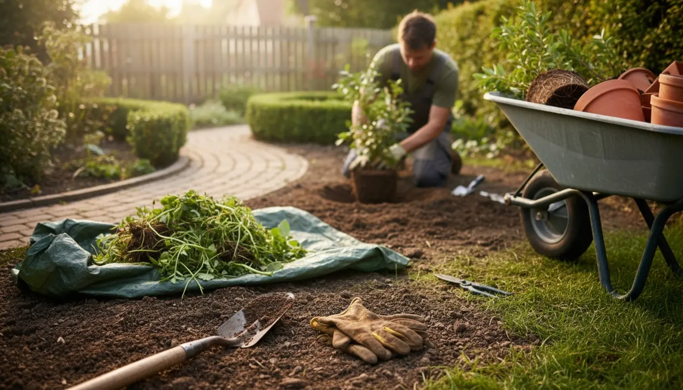 En overgroet have under oprydning med handsker, spade, trillebør og en person, der planter buske og fjerner ukrudt.