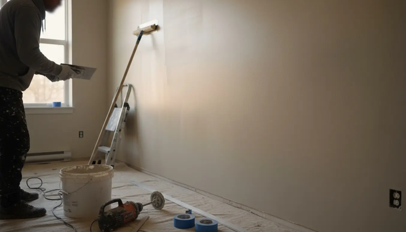 Hånd spartler en indvendig væg med Kabe-spartelmasse, omgivet af spande og værktøj på et beskyttet gulv.