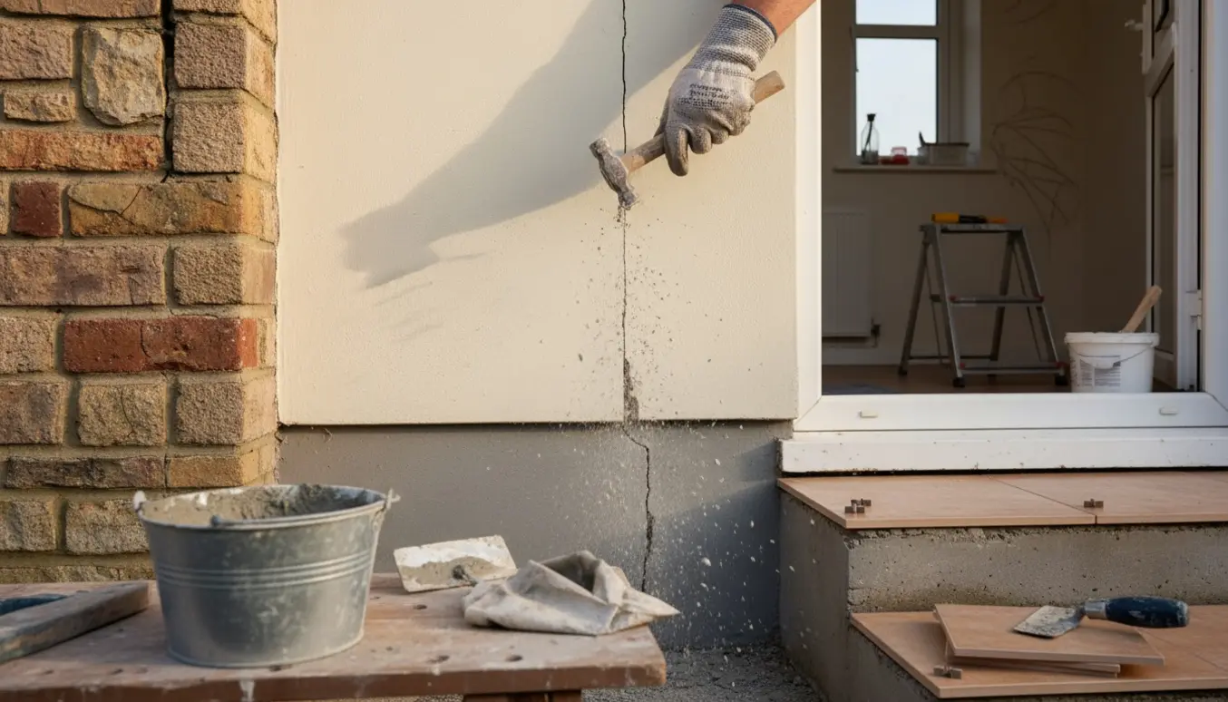 Nærbillede af reparation af ydervæg med udkradsning af revner og udskiftning af flise på et trappetrin, med værktøj og frisk mørtel synligt.