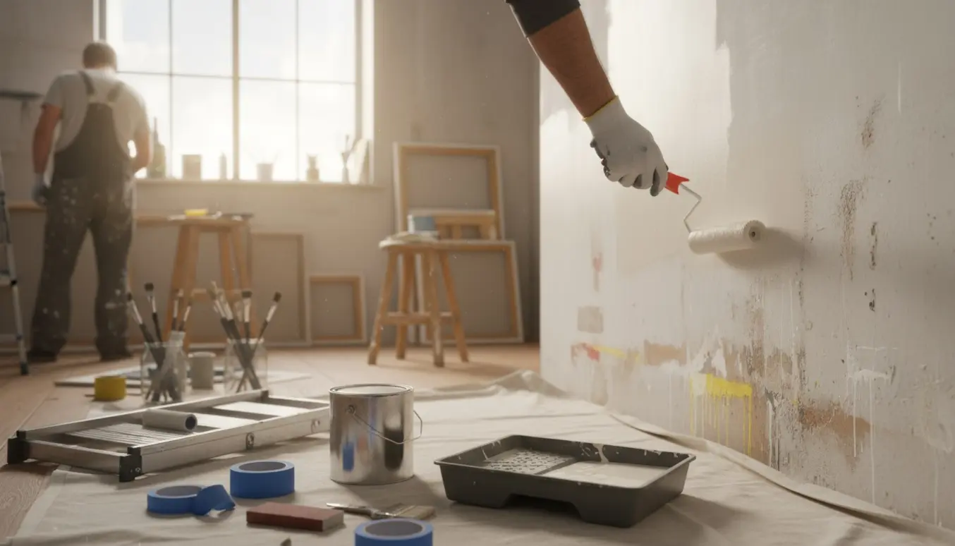 En maler ruller frisk maling på en af væggene i et tidligere kunstnerstudio med lærreder og malerbøtter i baggrunden.