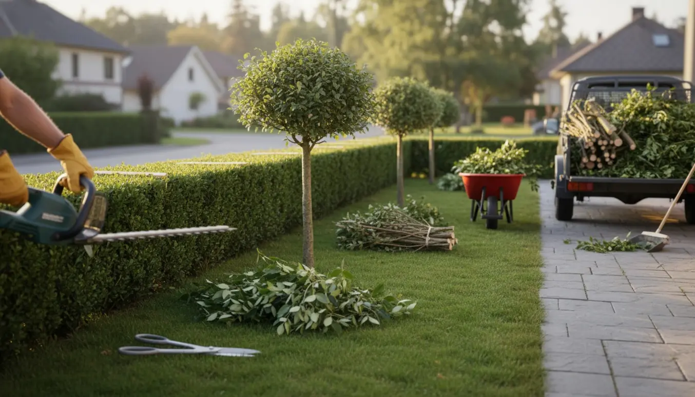 Nyklippet hæk og beskårne træer med haveredskaber og en trillebør fyldt med afklip klar til bortkørsel.