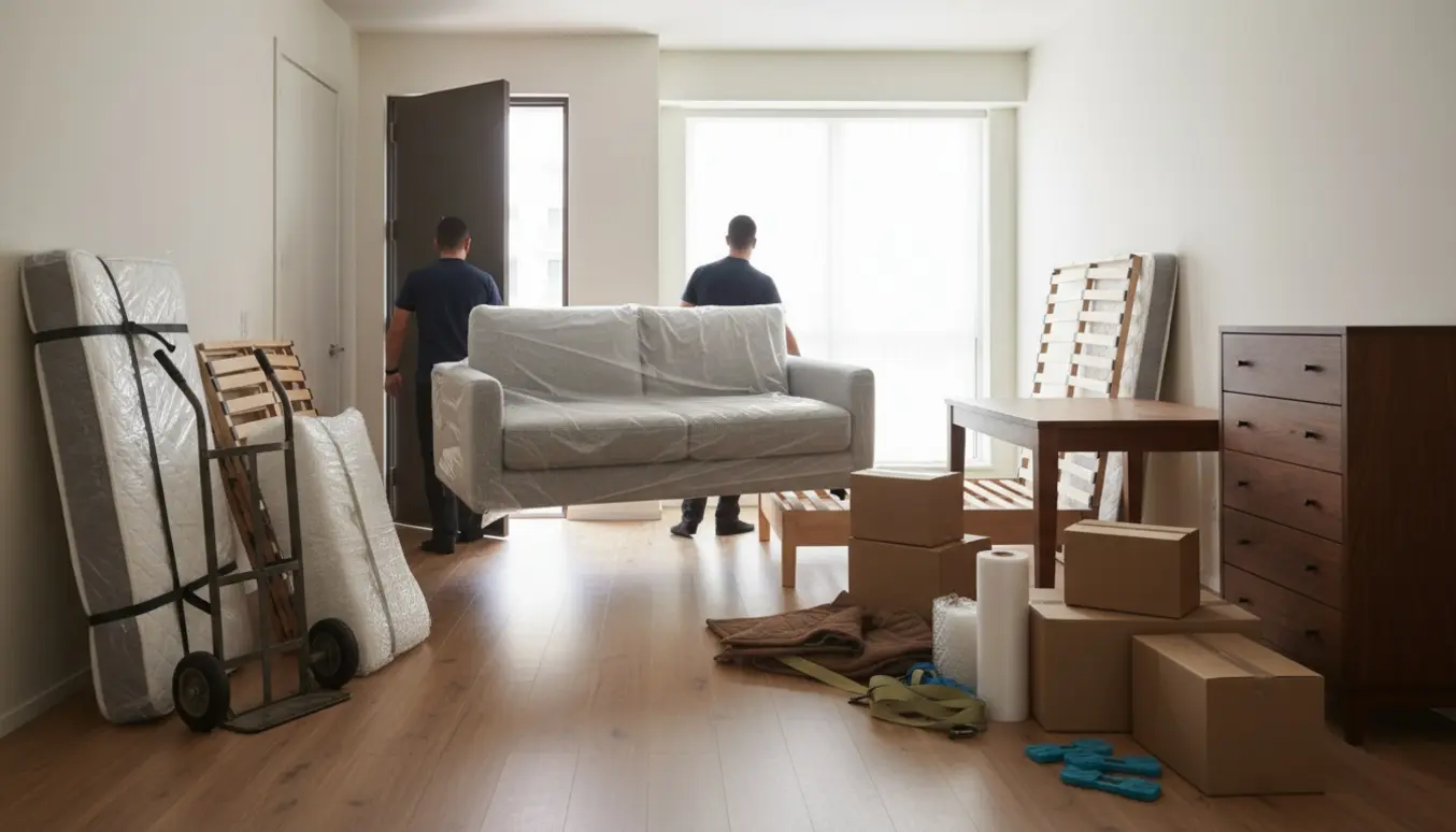 Flyttefolk bærer en todelt sofa ind i en lys lejlighed med madrasser, spisebord, kommode og flyttekasser.