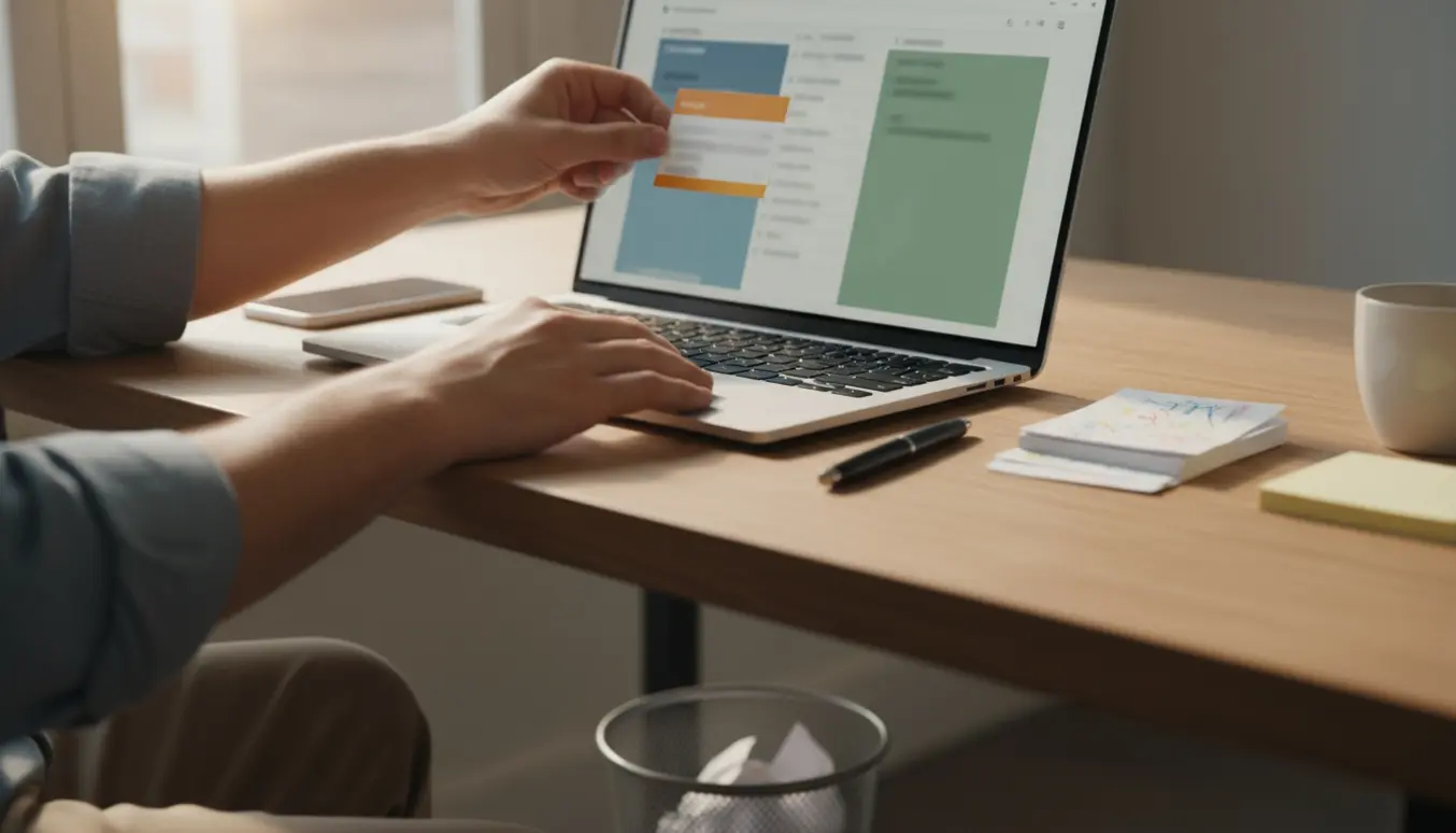 Hænder trækker et opgavekort til færdig på en laptop med et sløret opgavestyringsbræt på skærmen.