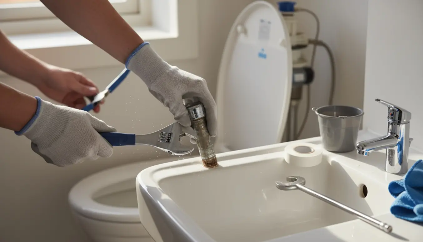 Hænder udskifter blandingsbatteri ved vask i bryggers med et åbent toiletcisterne i baggrunden.