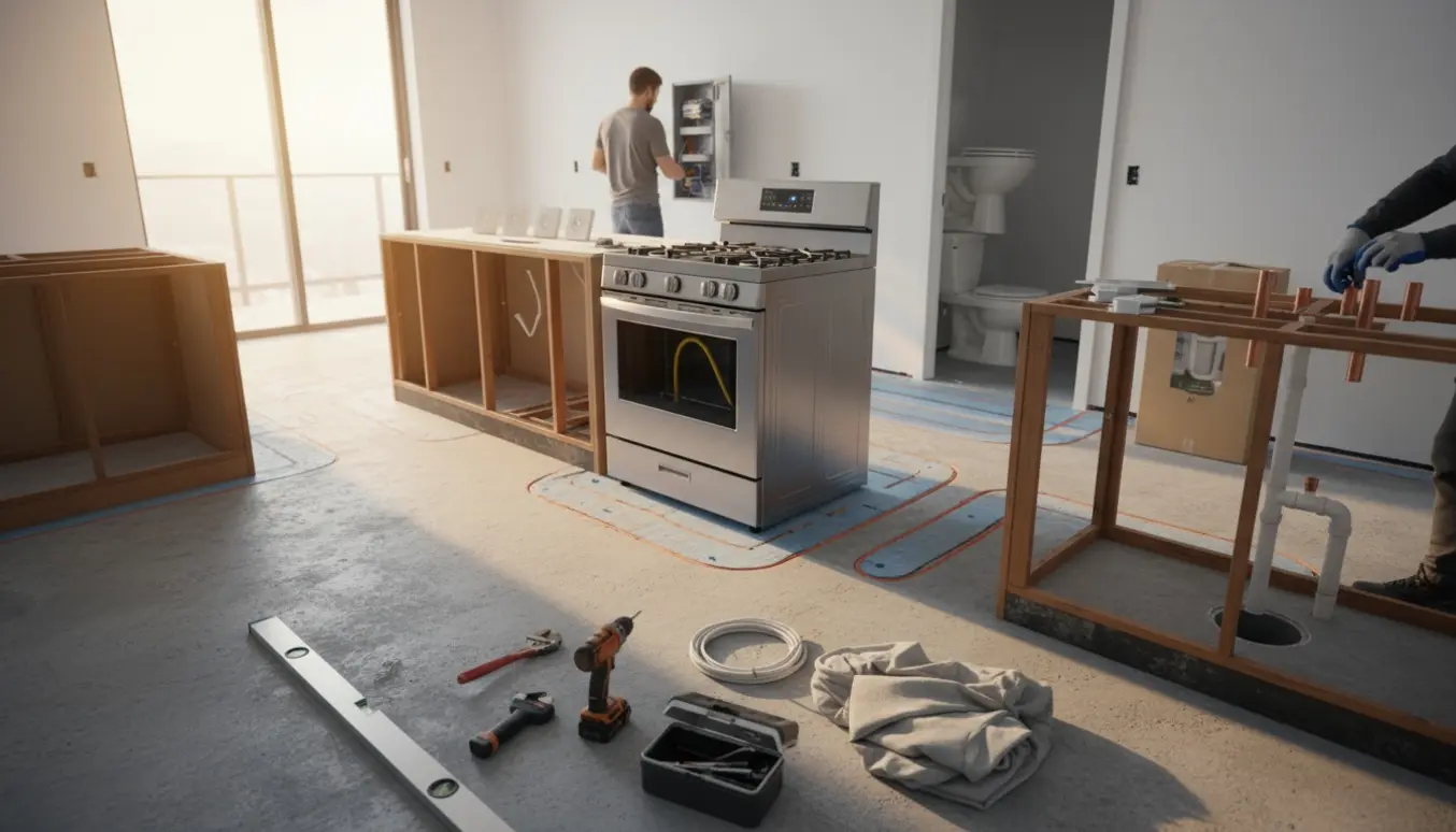 Køkkenrenovering med fjernet komfur, blottet betongulv med gulvvarme, elektriker- og VVS-arbejde klar til installation.