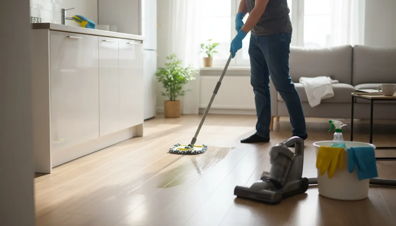 En person gør hovedrengøring i en lys, moderne lejlighed med støvsuger og gulvmoppe.