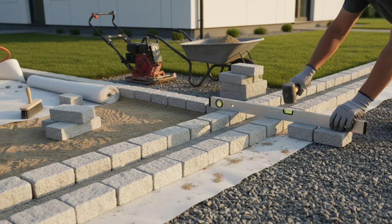 Tre-stens lys chaussestenskant under anlæg langs husets sokkel med geotekstil, sand og værktøj.
