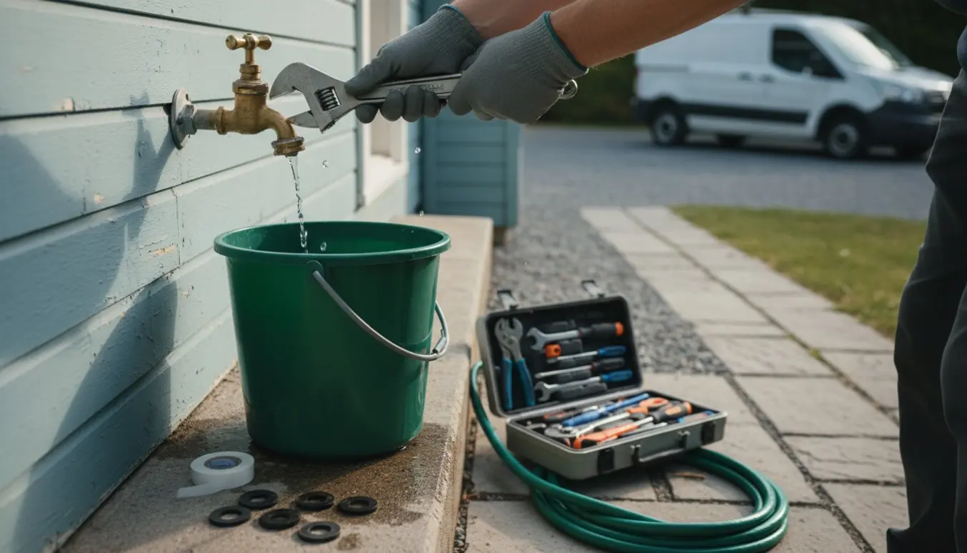 En blikkenslager spænder en udendørs hane med en skiftenøgle mens en svag stråle af vand drypper i en spand.