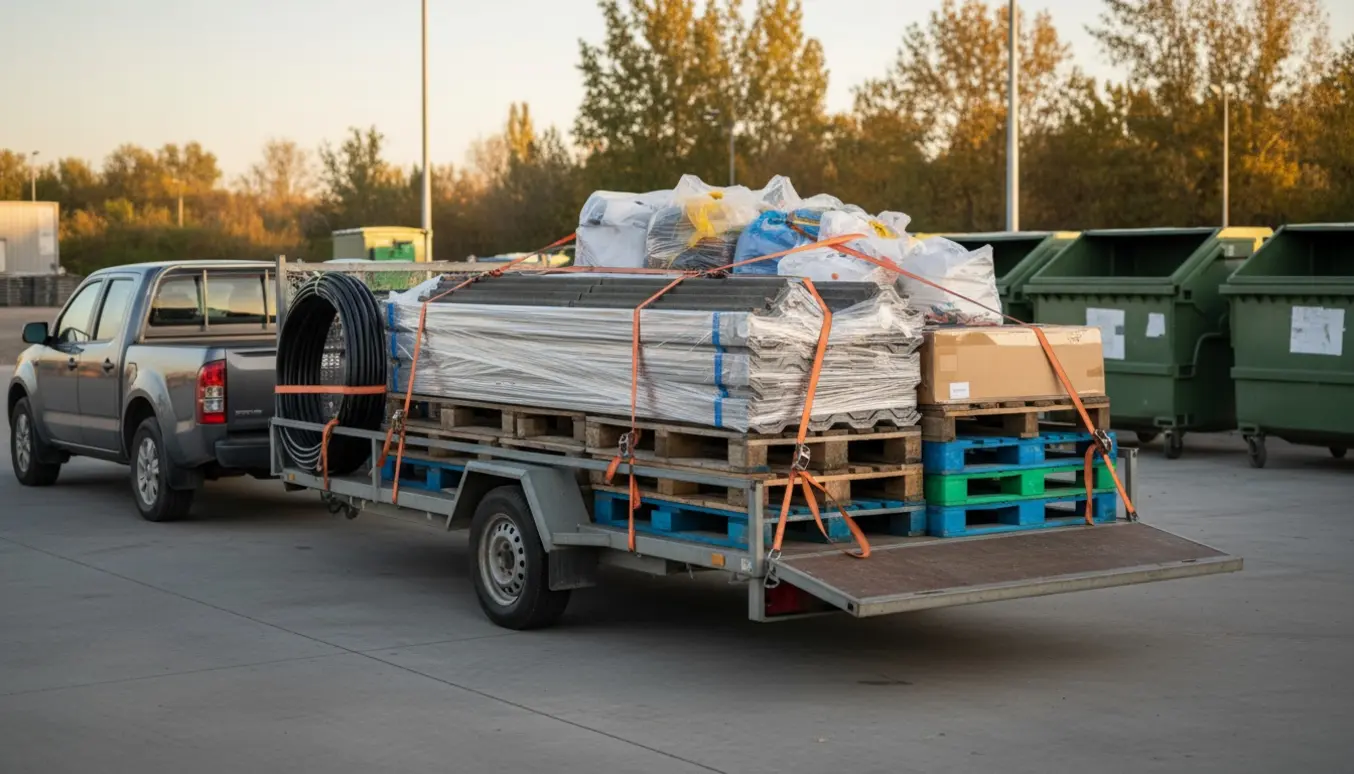 En trailer læsset med fleksrør, træ- og plastikpaller, indpakkede cement-fiberplader, pap og plastik ved en genbrugsplads.