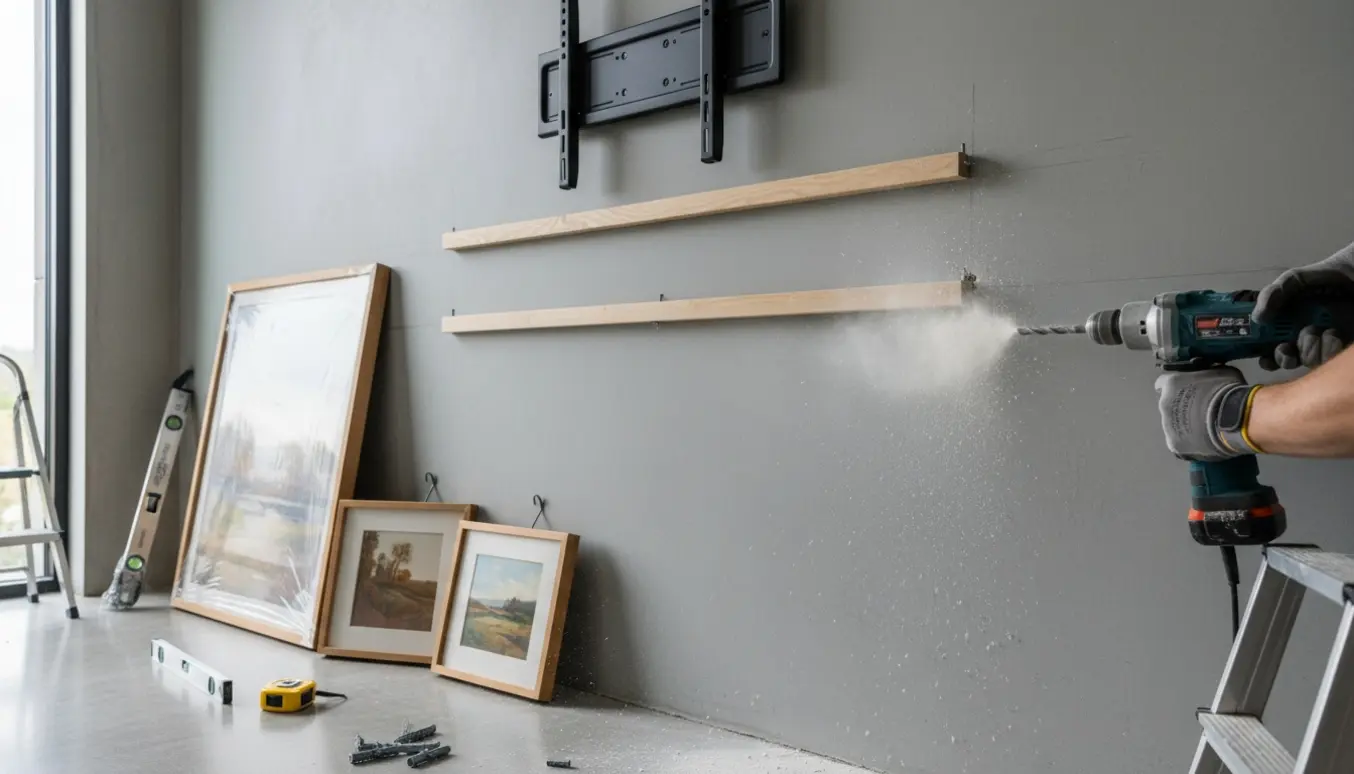 Nærbillede af ophængning af tv og skabe på en betonvæg med borehammer, murankre og værktøj.