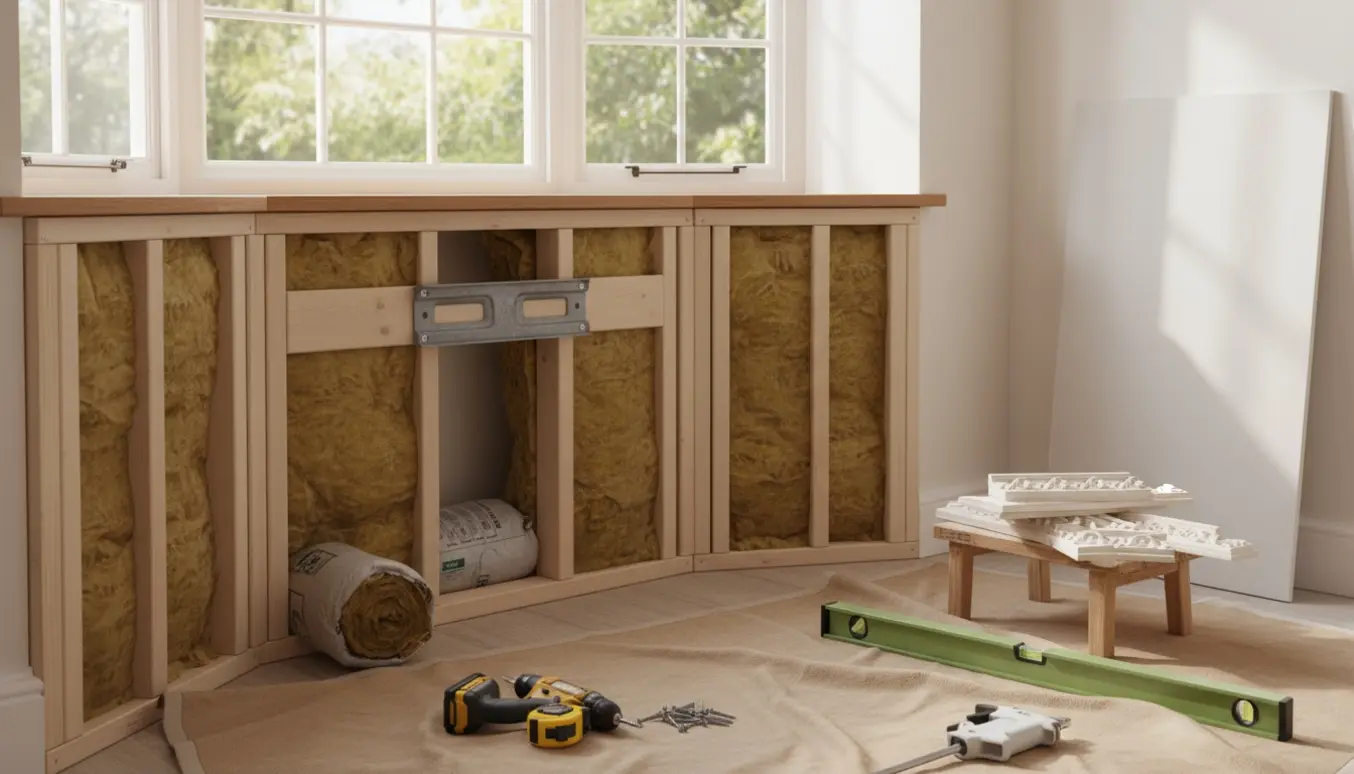 Karnap med isolering og nyt træskelet under vinduet, forstærkning til radiator og afmonterede pyntelister lagt til side.