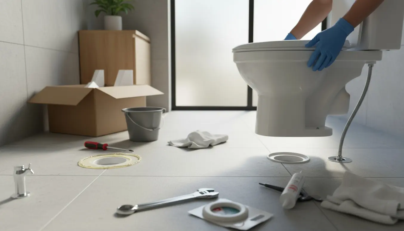 Håndværker sætter et nyt toilet på plads i et lyst badeværelse, mens det andet toilet er afmonteret og gulvflangen er synlig.