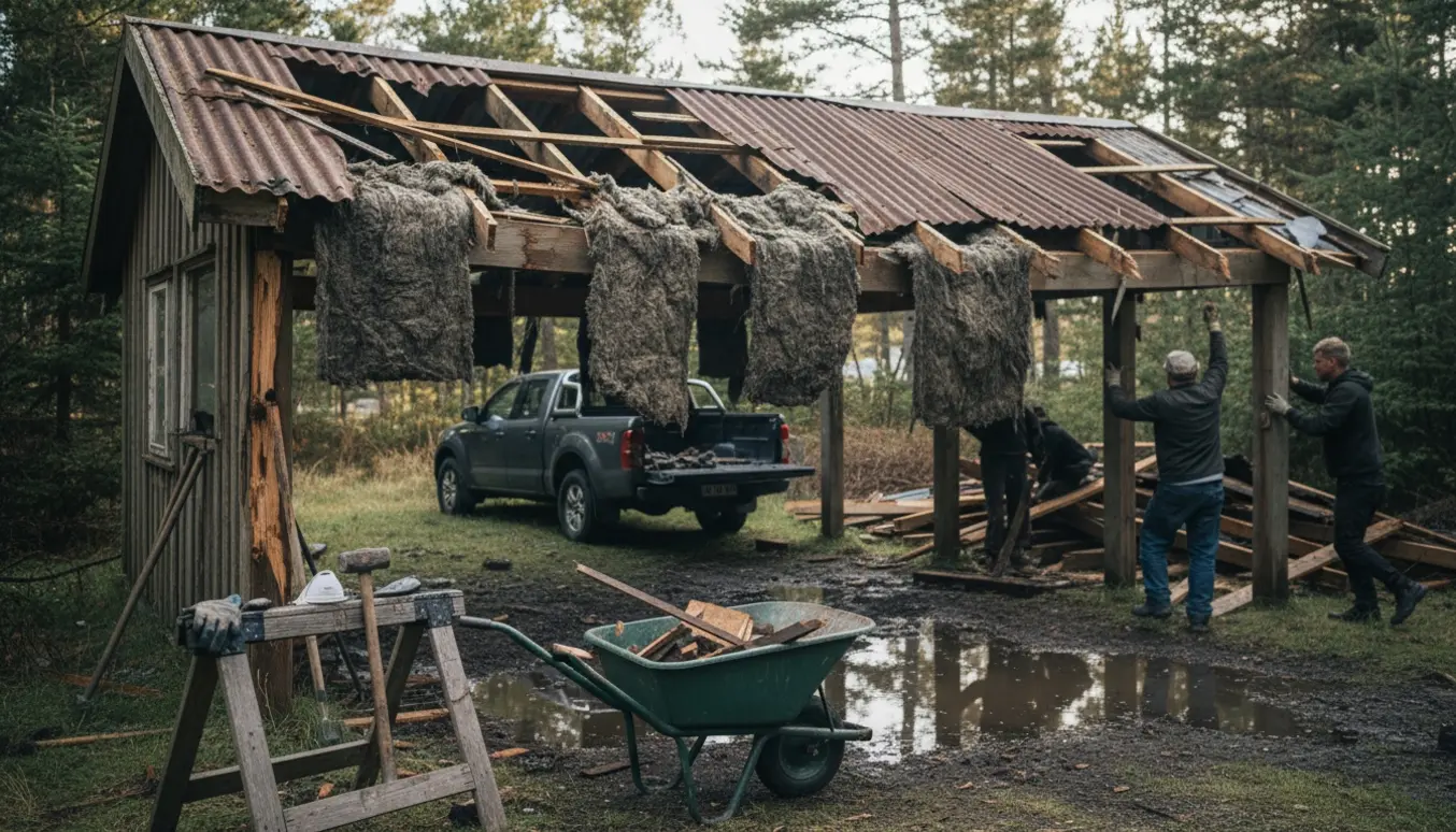 Nedrevet carport ved sommerhus med buet tag, våd rockwool og værktøj klar til bortkørsel.
