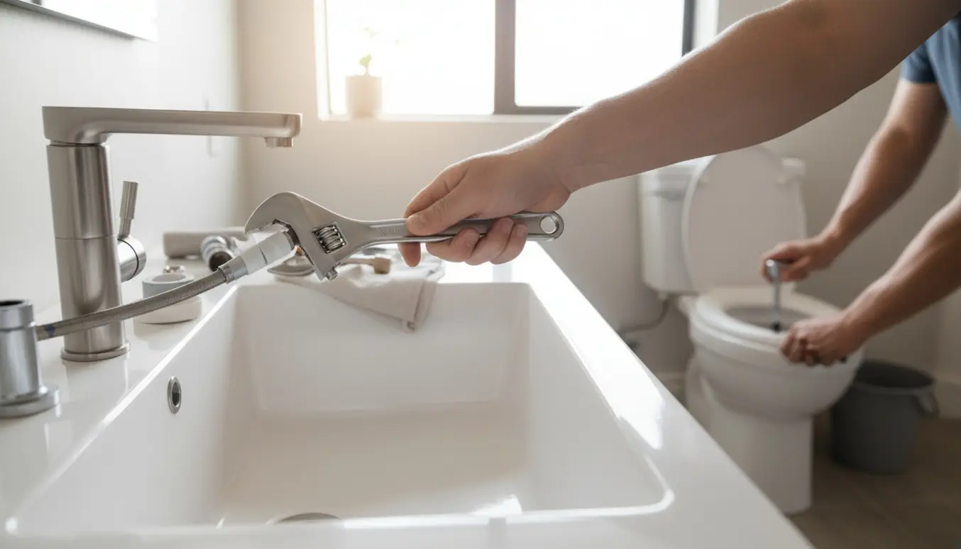 Hænder udskifter et køkkenarmatur ved en vask og fastgør et nyt toilet i et lyst, moderne hjem.