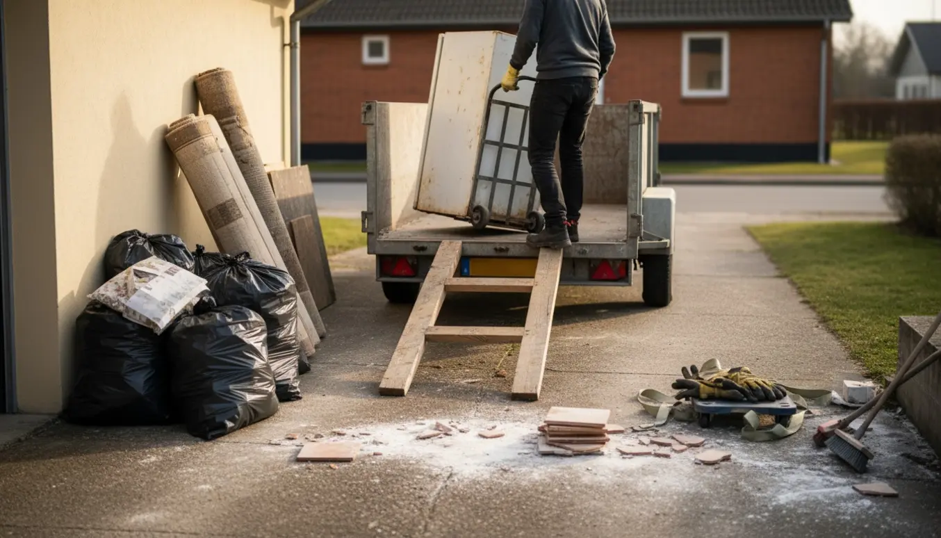 Åben garage og indkørsel med køleskab på sækkevogn, rullede tæpper og en stak fyldte affaldssække klar til bortskaffelse.