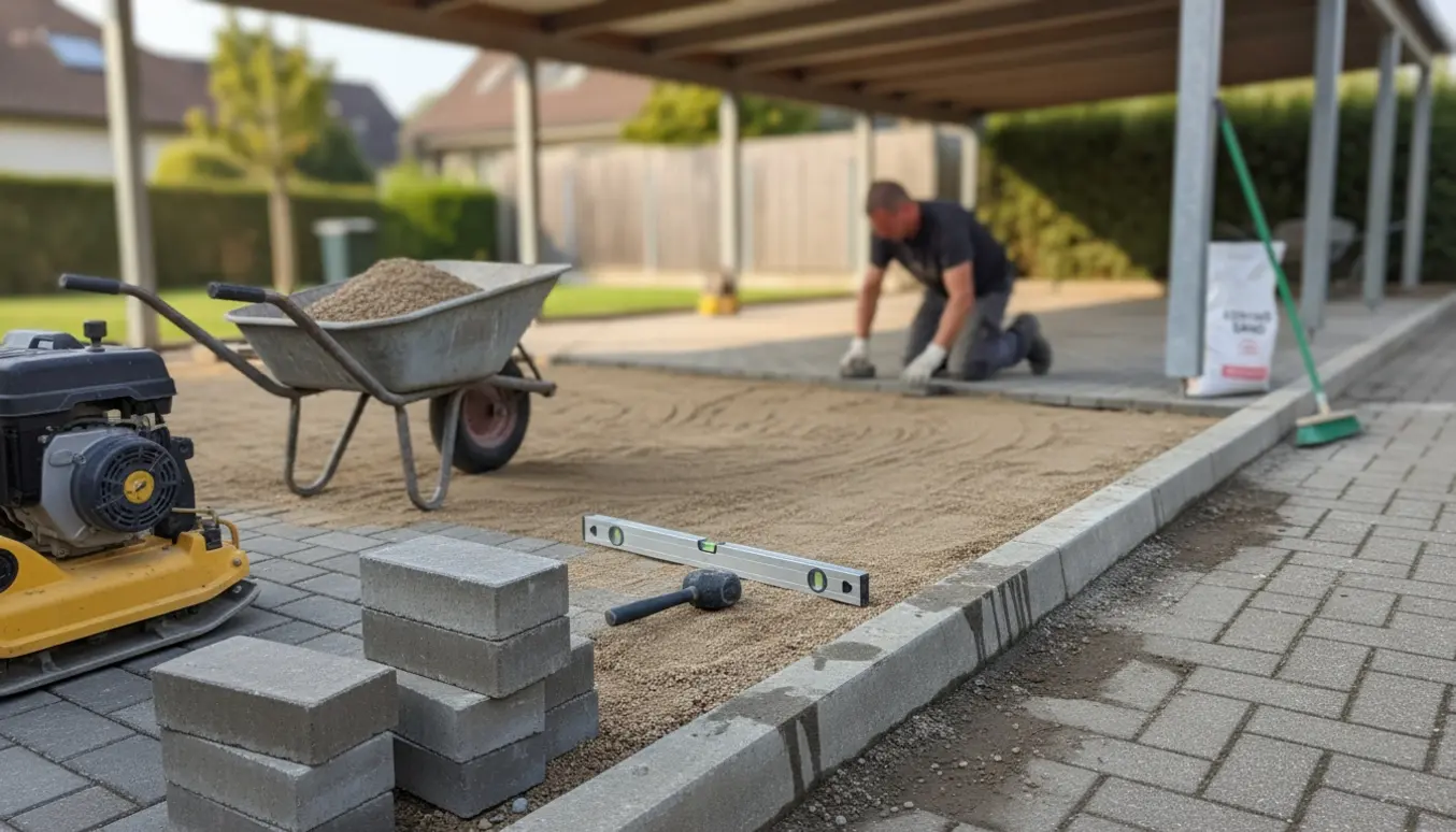 Carport og fortov med grusunderlag og nye fliser under omlægning efter vandskade, håndværker sætter fliser på plads.
