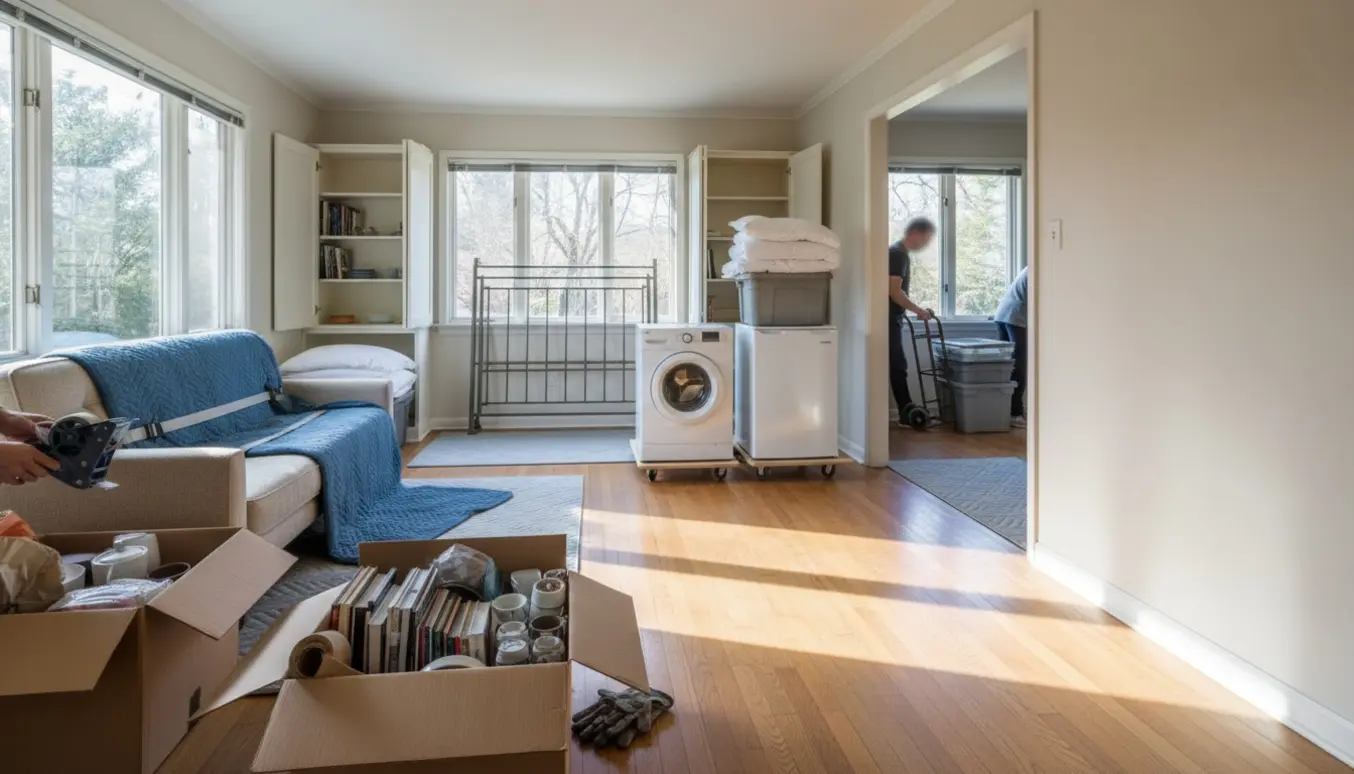 Et anonymt team pakker møbler, bøger og hårde hvidevarer i et lyst, ryddeligt hjem.