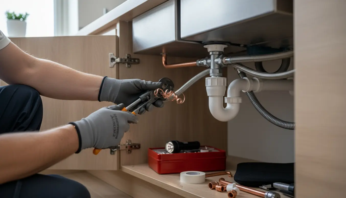 Håndværkers hænder tilslutter opvaskemaskine og monterer vandlås under en ny køkkenvask.