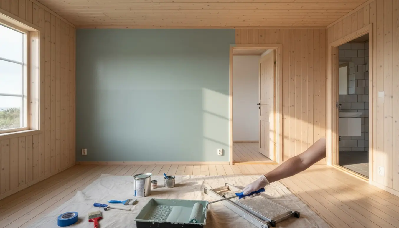 Indvendig maling i lyst sommerhus med pensel, rulle og delvist nymalet væg.