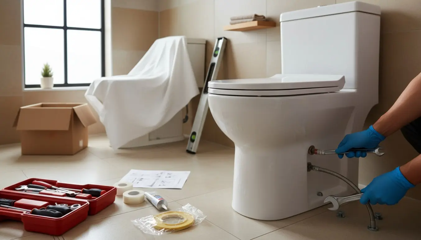 Installering af et hvidt dobbeltskyls-toilet i et lyst badeværelse med værktøj ved siden af.