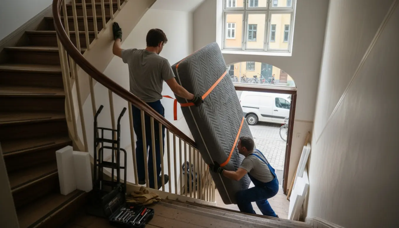 To flyttemedarbejdere bærer en indpakket 120x200-seng gennem en smal opgang mod en flyttebil.