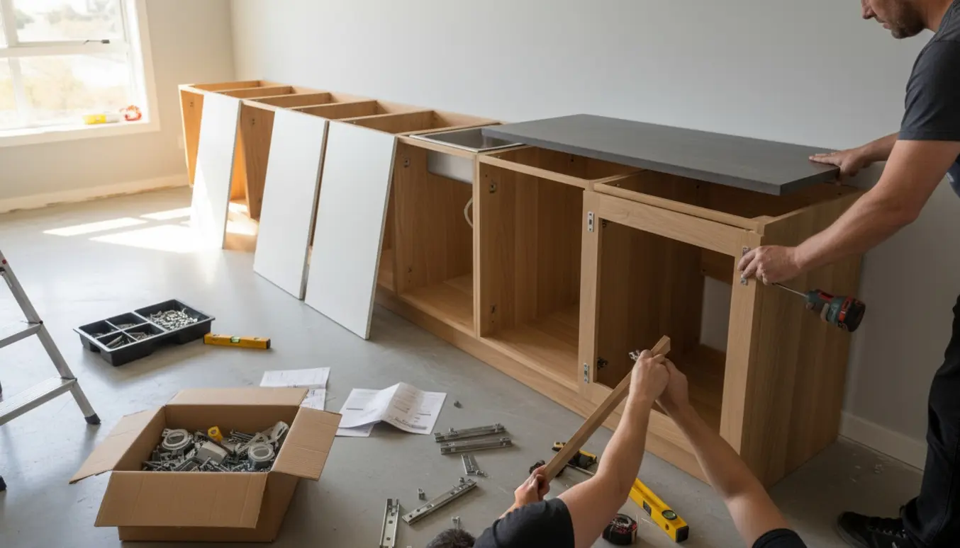 Montør samler og monterer cirka 11 fladpakkede køkkenskabe i et lyst, solbelyst køkken.