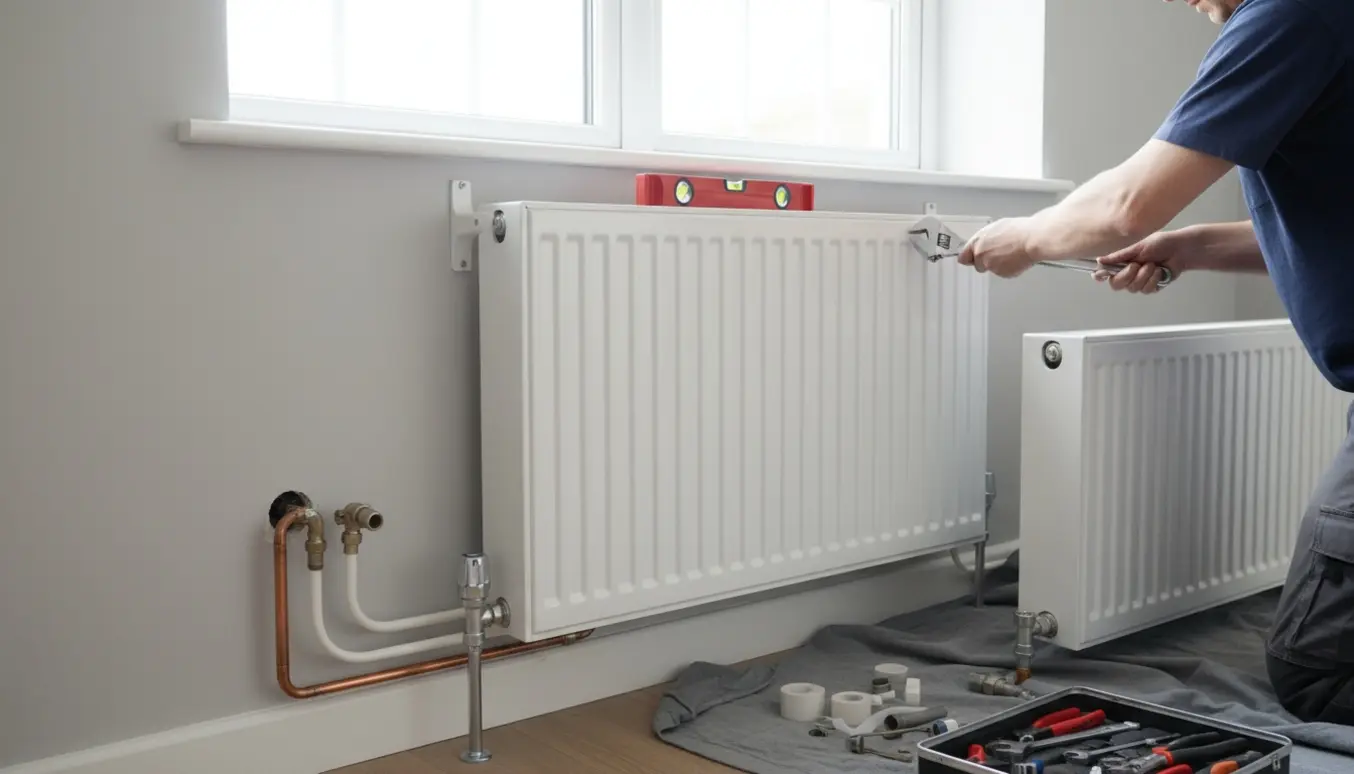 Ny dobbelt radiator monteres under et vindue med synlige rør, fittings og en afmonteret gammel radiator.