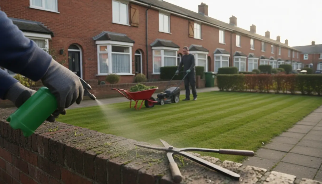 Forhave ved rækkehuse med græsslåning, hækklipning og ukrudtsbekæmpelse, en havearbejder med ryggen til.