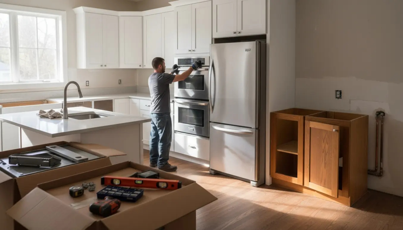 Nyt køkken under montering med hvide skabe, rustfri hårde hvidevarer og håndværktøj i naturligt dagslys.