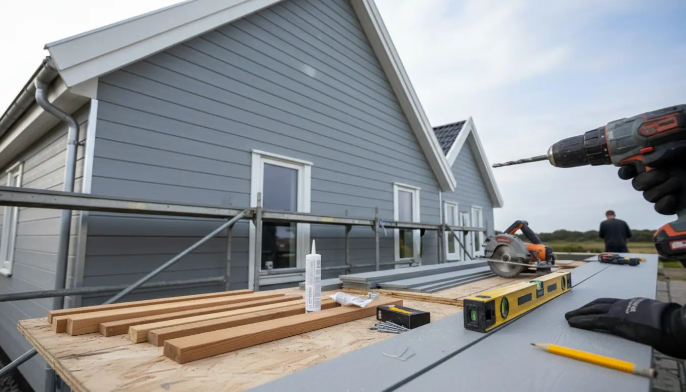 Montering af HardiePlank-stil fiber-cementbeklædning på en gavl og to kviste set udefra med værktøj i forgrunden.